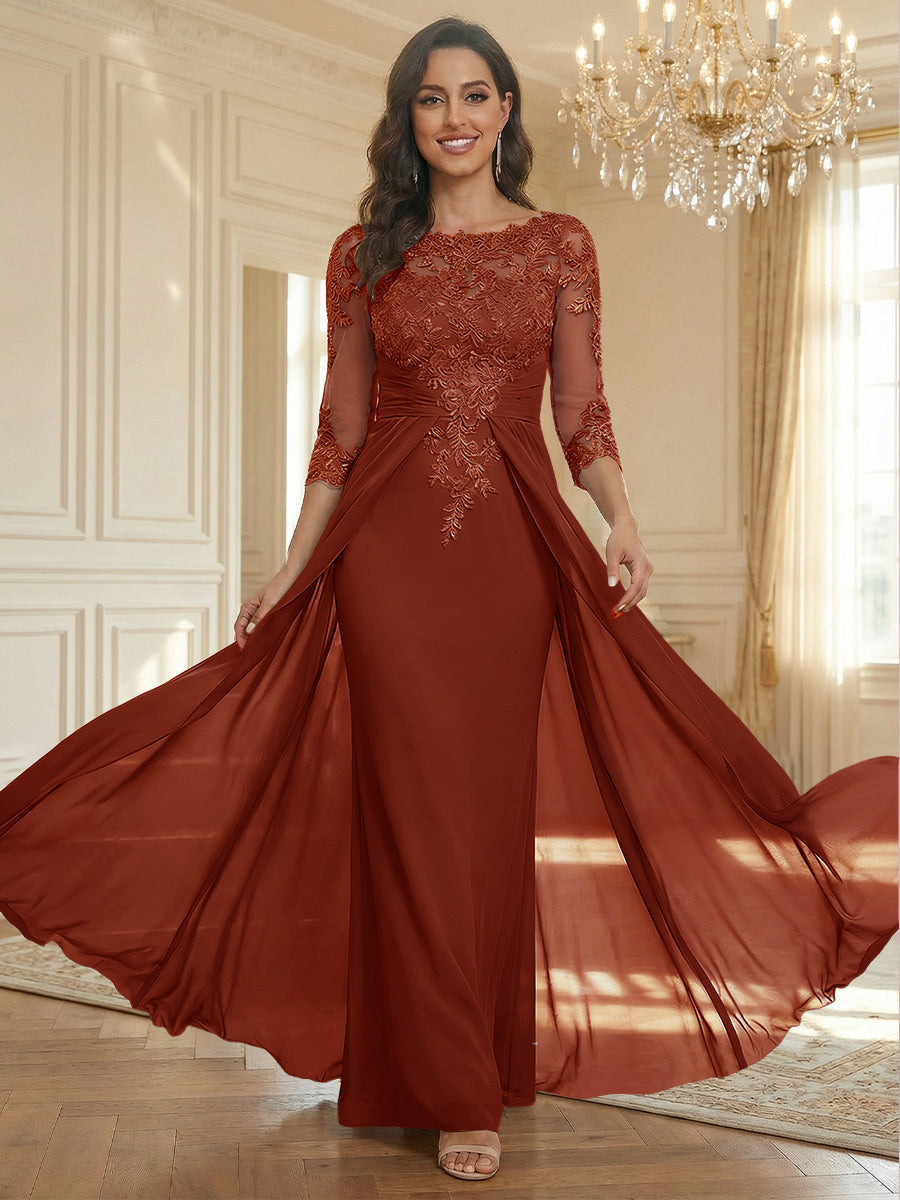Sheath Scoop Neck 3/4 Sleeve Floor-Length Mother of the Bride Dresses with Lace Appliques