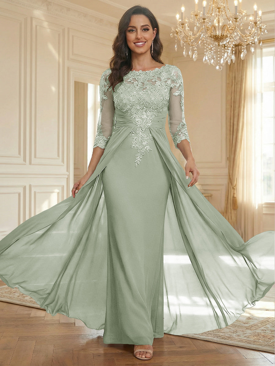 Sheath Scoop Neck 3/4 Sleeve Floor-Length Mother of the Bride Dresses with Lace Appliques
