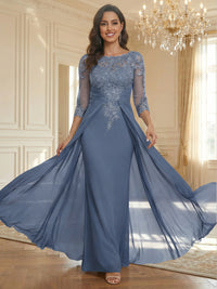 Sheath Scoop Neck 3/4 Sleeve Floor-Length Mother of the Bride Dresses with Lace Appliques