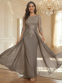Sheath Scoop Neck 3/4 Sleeve Floor-Length Mother of the Bride Dresses with Lace Appliques