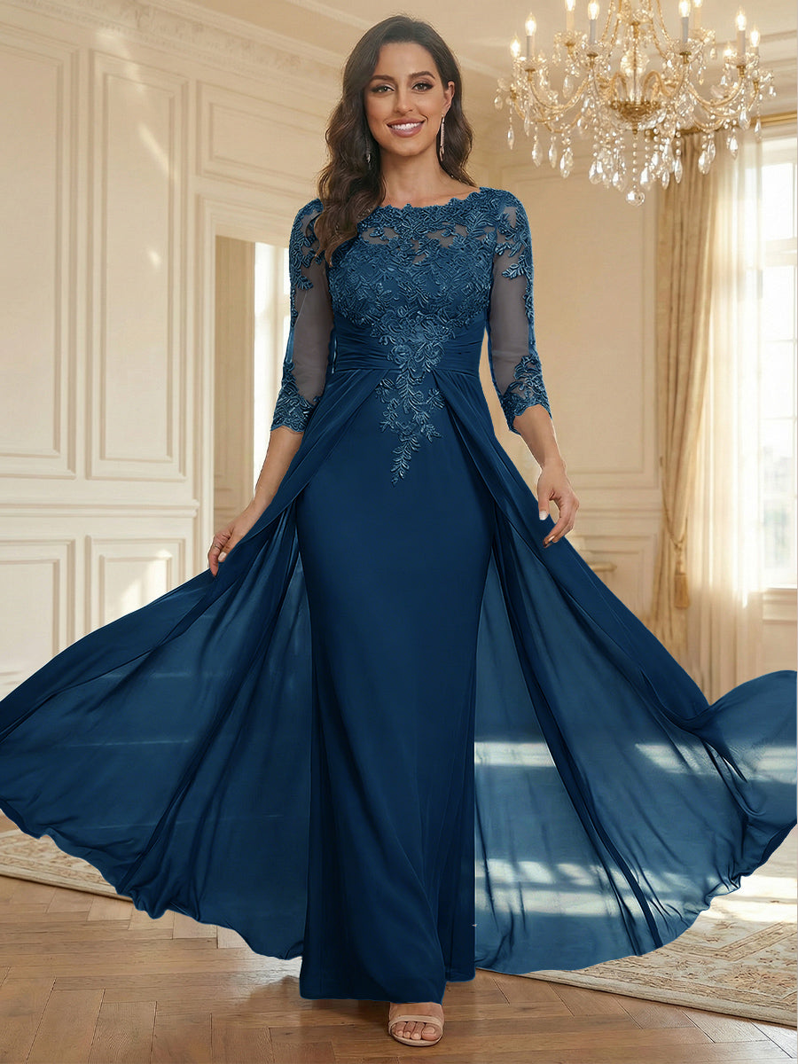 Sheath Scoop Neck 3/4 Sleeve Floor-Length Mother of the Bride Dresses with Lace Appliques