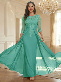 Sheath Scoop Neck 3/4 Sleeve Floor-Length Mother of the Bride Dresses with Lace Appliques