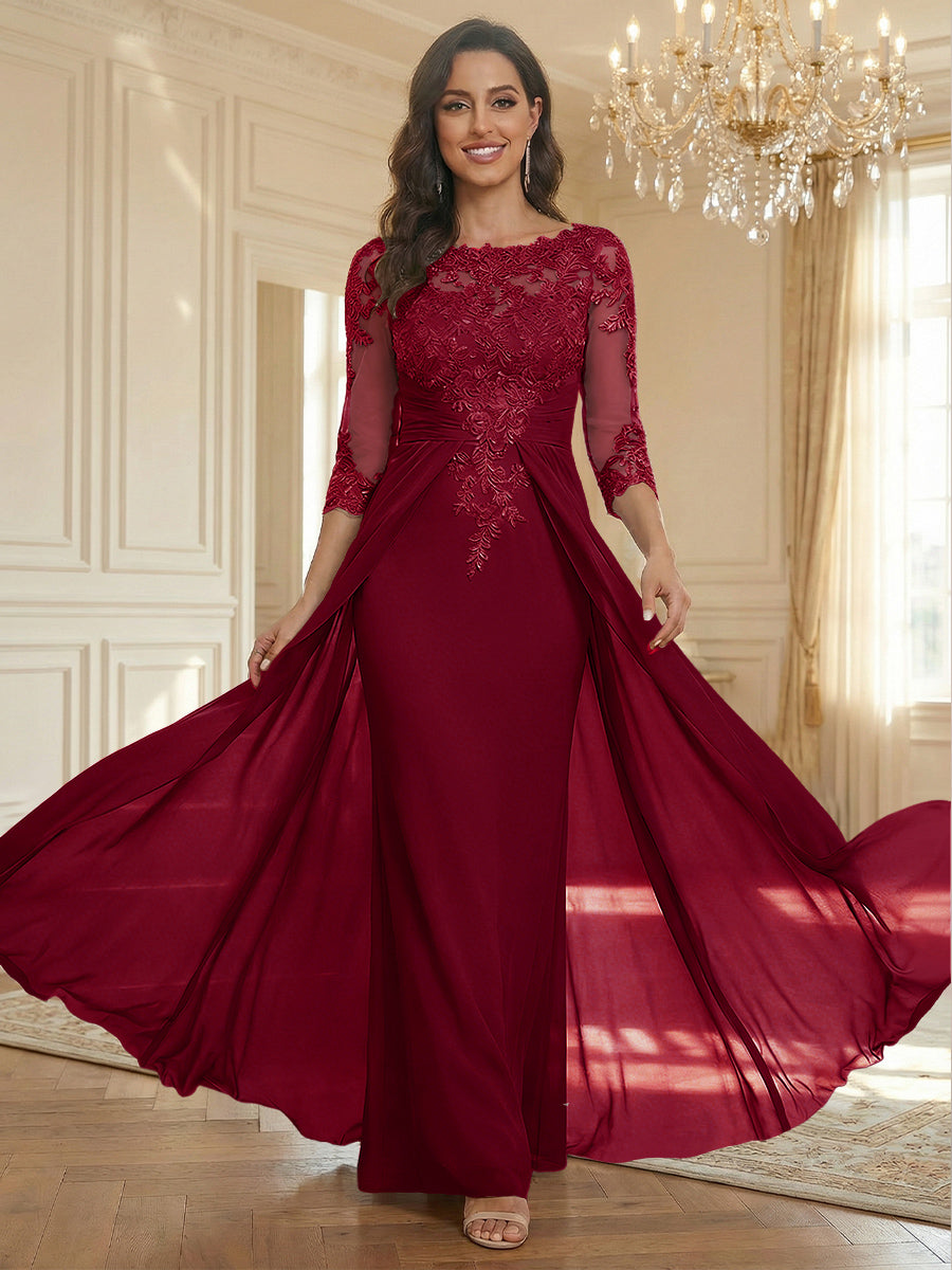 Sheath Scoop Neck 3/4 Sleeve Floor-Length Mother of the Bride Dresses with Lace Appliques