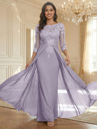 Sheath Scoop Neck 3/4 Sleeve Floor-Length Mother of the Bride Dresses with Lace Appliques