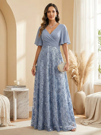 A Line V Neck Short Sleeve Chiffon Ruched Mother of the Bride Dresses with Sequin Embroidery