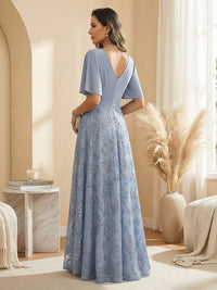 A Line V Neck Short Sleeve Chiffon Ruched Mother of the Bride Dresses with Sequin Embroidery