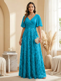 A Line V Neck Short Sleeve Chiffon Ruched Mother of the Bride Dresses with Sequin Embroidery