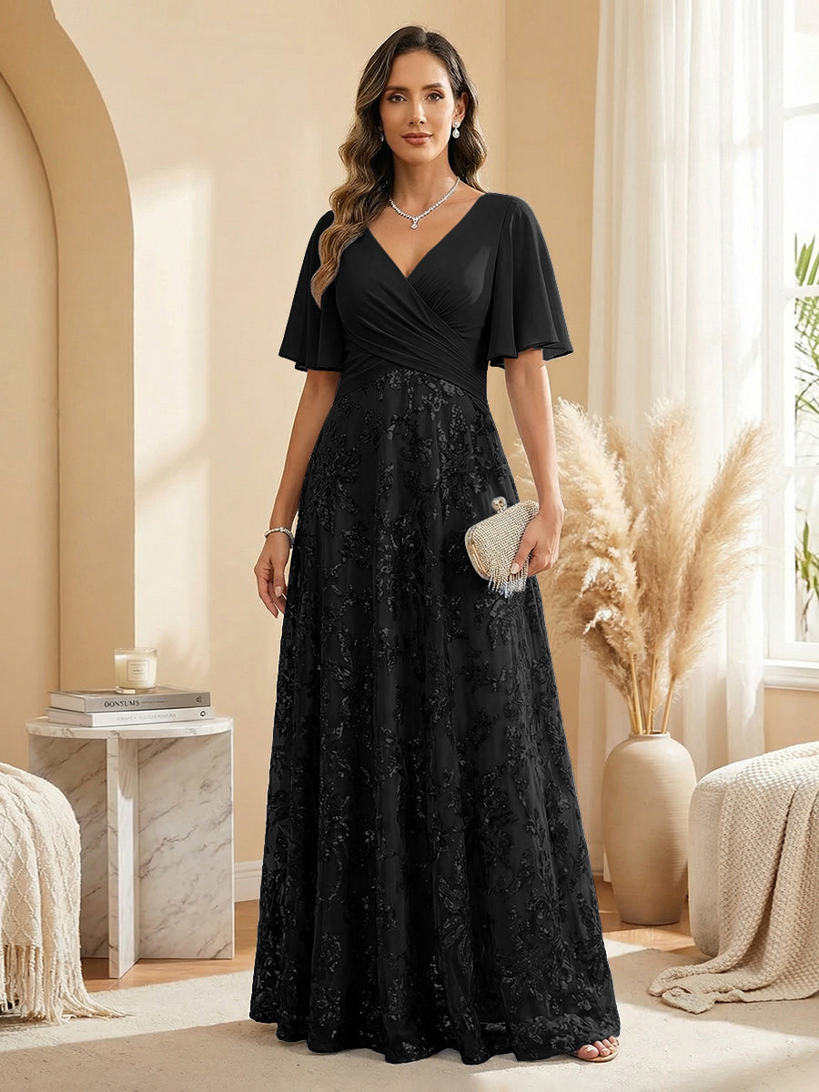 A Line V Neck Short Sleeve Chiffon Ruched Mother of the Bride Dresses with Sequin Embroidery
