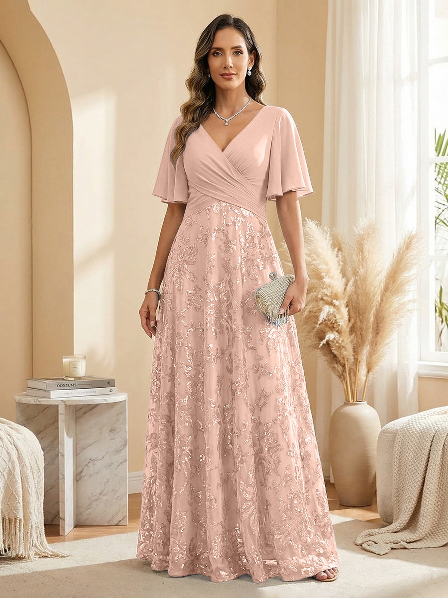 A Line V Neck Short Sleeve Chiffon Ruched Mother of the Bride Dresses with Sequin Embroidery