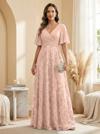 A Line V Neck Short Sleeve Chiffon Ruched Mother of the Bride Dresses with Sequin Embroidery