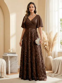 A Line V Neck Short Sleeve Chiffon Ruched Mother of the Bride Dresses with Sequin Embroidery