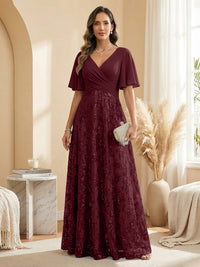 A Line V Neck Short Sleeve Chiffon Ruched Mother of the Bride Dresses with Sequin Embroidery