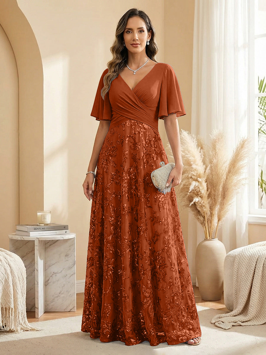 A Line V Neck Short Sleeve Chiffon Ruched Mother of the Bride Dresses with Sequin Embroidery