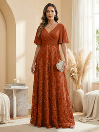 A Line V Neck Short Sleeve Chiffon Ruched Mother of the Bride Dresses with Sequin Embroidery