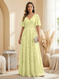 A Line V Neck Short Sleeve Chiffon Ruched Mother of the Bride Dresses with Sequin Embroidery