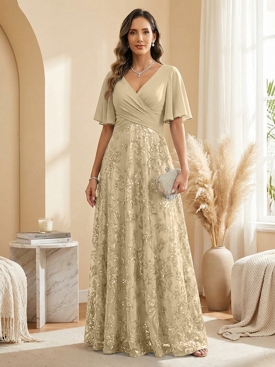A Line V Neck Short Sleeve Chiffon Ruched Mother of the Bride Dresses with Sequin Embroidery