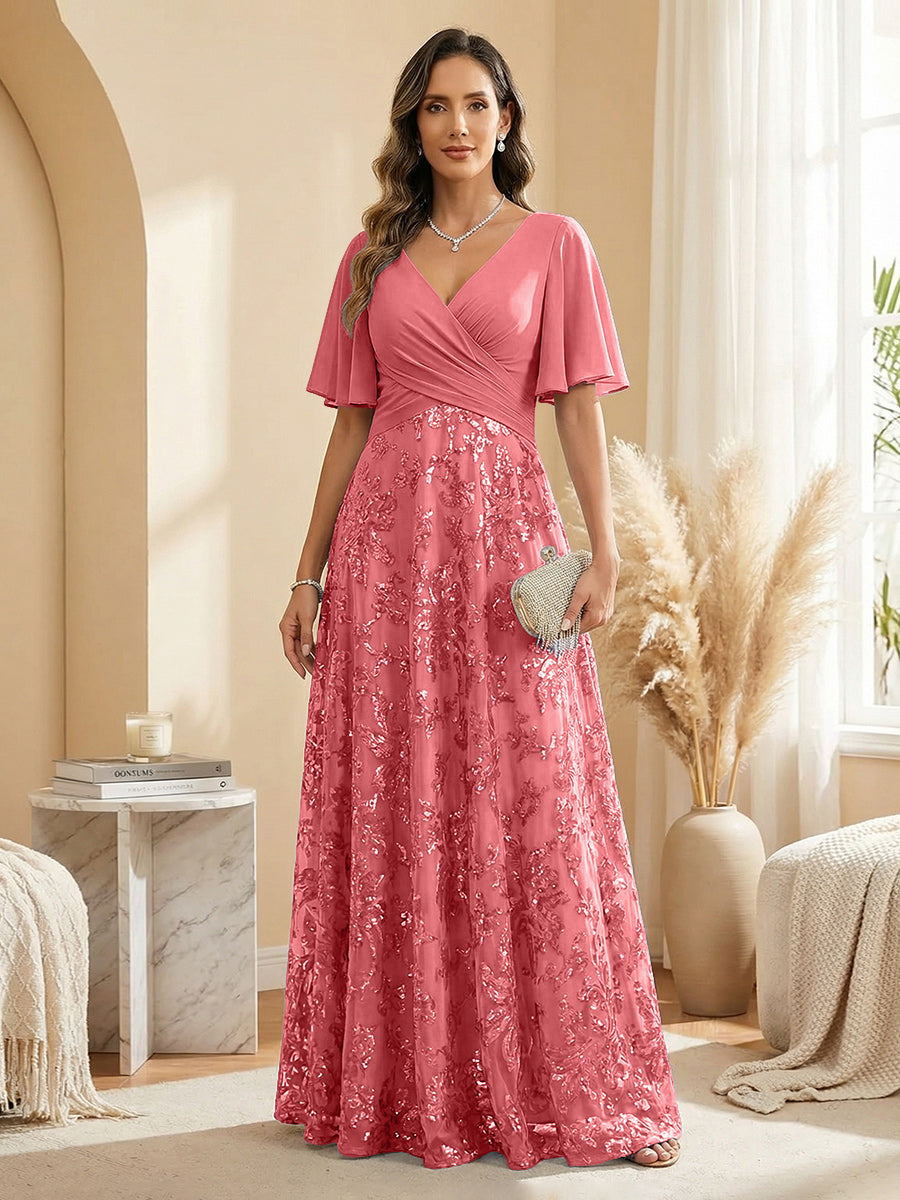 A Line V Neck Short Sleeve Chiffon Ruched Mother of the Bride Dresses with Sequin Embroidery