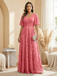 A Line V Neck Short Sleeve Chiffon Ruched Mother of the Bride Dresses with Sequin Embroidery