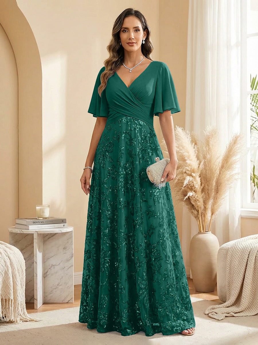a-line v-neck floor-length chiffon evening dress with sequins Shirees Dark Green A Line V Neck Short Sleeve Chiffon Ruched Mother of the Bride Dresses with Sequin Embroidery 2026