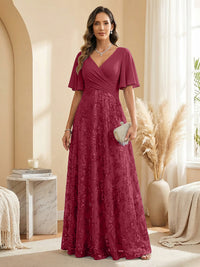 A Line V Neck Short Sleeve Chiffon Ruched Mother of the Bride Dresses with Sequin Embroidery