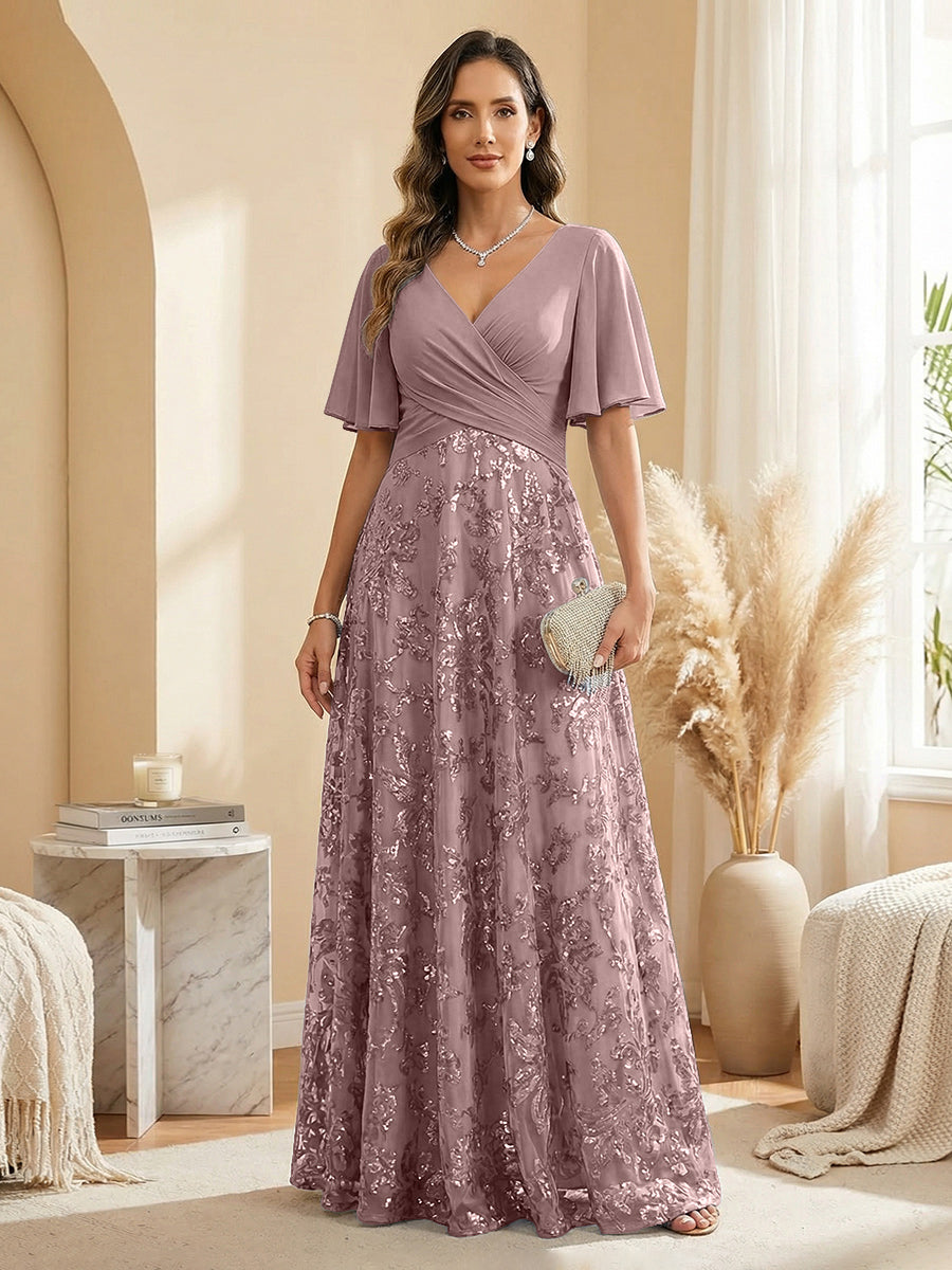 A Line V Neck Short Sleeve Chiffon Ruched Mother of the Bride Dresses with Sequin Embroidery