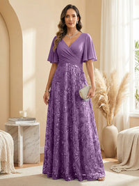 A Line V Neck Short Sleeve Chiffon Ruched Mother of the Bride Dresses with Sequin Embroidery