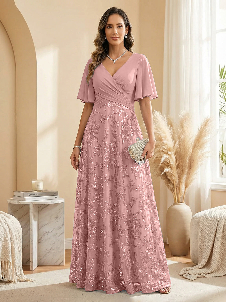 A Line V Neck Short Sleeve Chiffon Ruched Mother of the Bride Dresses with Sequin Embroidery