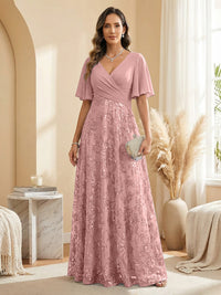 A Line V Neck Short Sleeve Chiffon Ruched Mother of the Bride Dresses with Sequin Embroidery