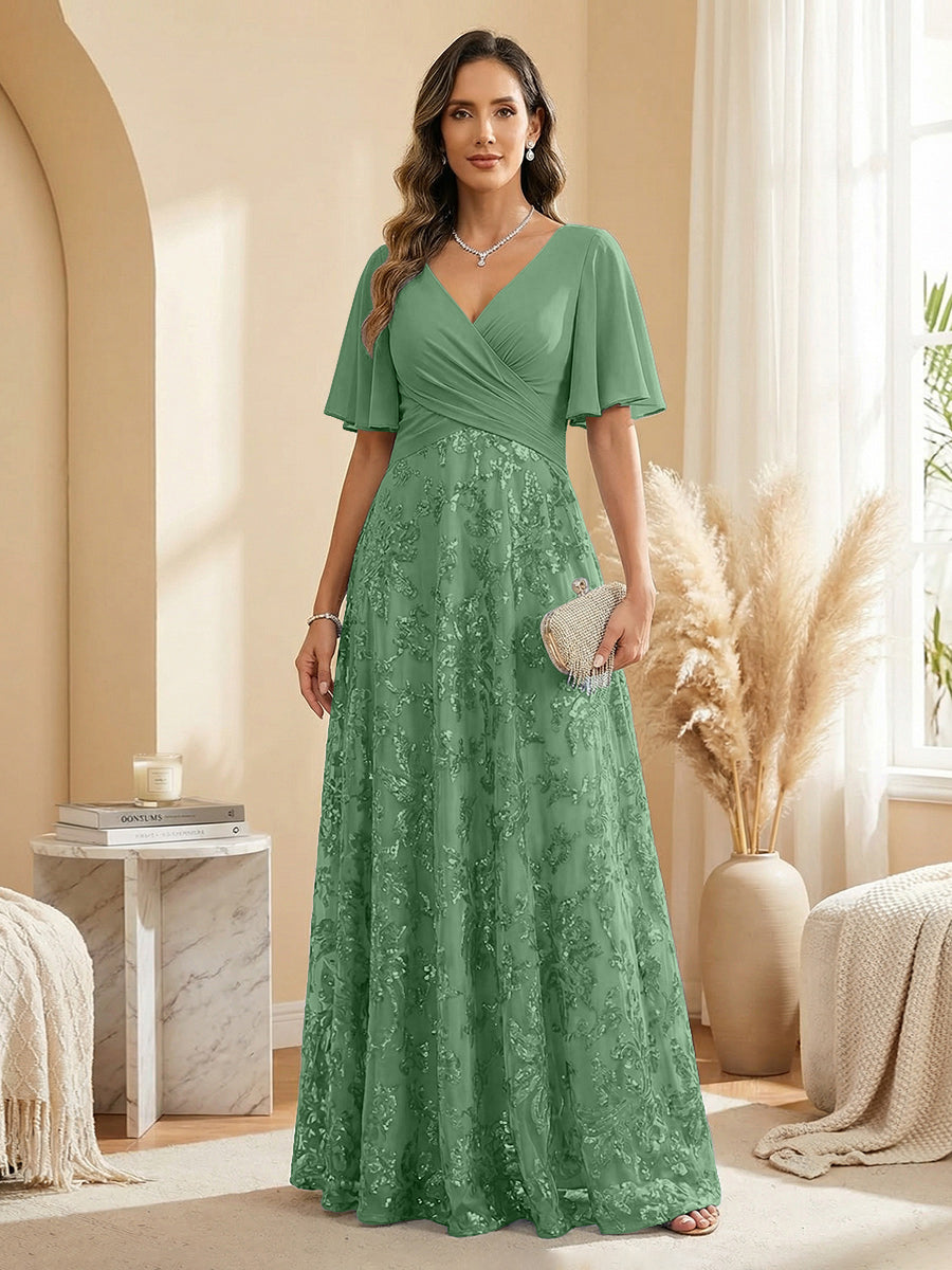 A Line V Neck Short Sleeve Chiffon Ruched Mother of the Bride Dresses with Sequin Embroidery
