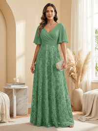 A Line V Neck Short Sleeve Chiffon Ruched Mother of the Bride Dresses with Sequin Embroidery