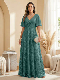 A Line V Neck Short Sleeve Chiffon Ruched Mother of the Bride Dresses with Sequin Embroidery