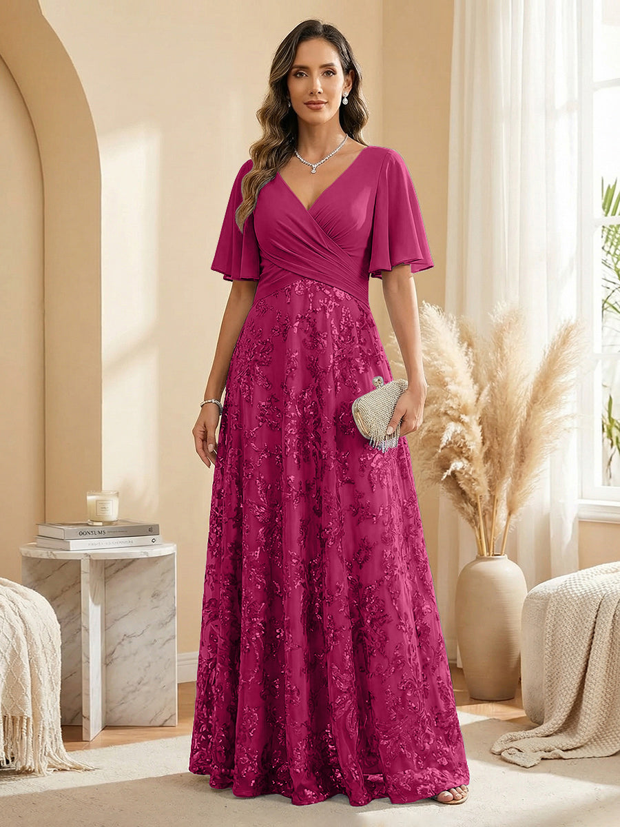 A Line V Neck Short Sleeve Chiffon Ruched Mother of the Bride Dresses with Sequin Embroidery