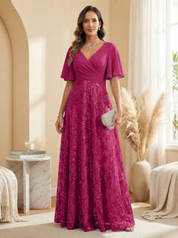 A Line V Neck Short Sleeve Chiffon Ruched Mother of the Bride Dresses with Sequin Embroidery