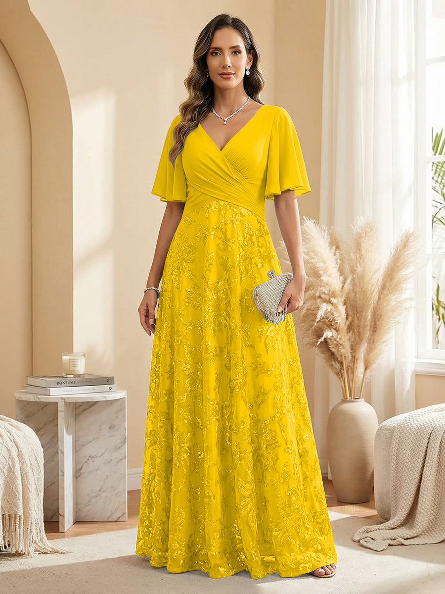 A Line V Neck Short Sleeve Chiffon Ruched Mother of the Bride Dresses with Sequin Embroidery