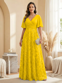 A Line V Neck Short Sleeve Chiffon Ruched Mother of the Bride Dresses with Sequin Embroidery