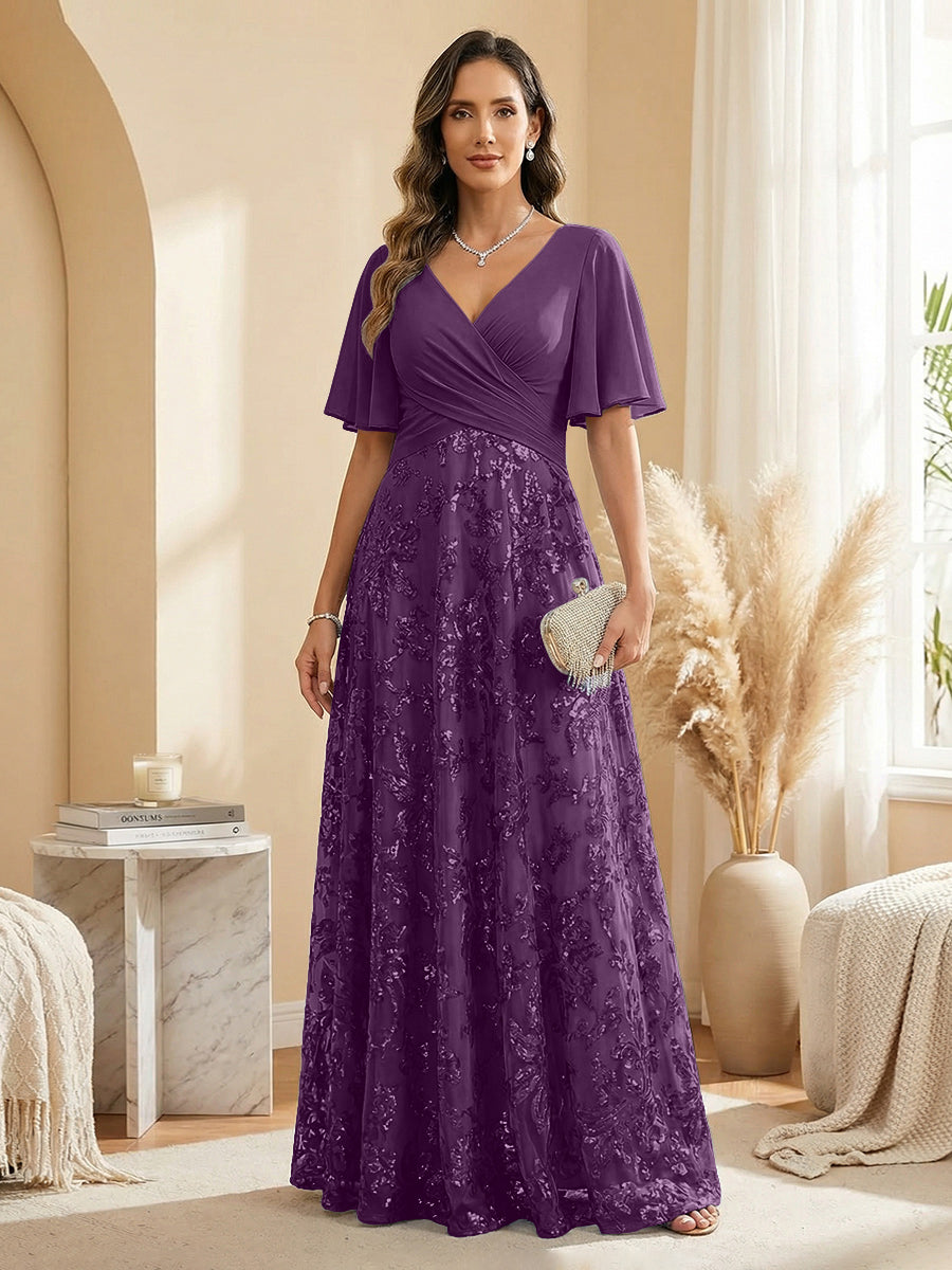 A Line V Neck Short Sleeve Chiffon Ruched Mother of the Bride Dresses with Sequin Embroidery