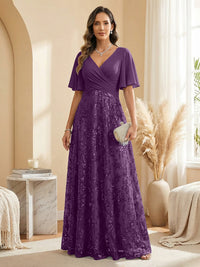 A Line V Neck Short Sleeve Chiffon Ruched Mother of the Bride Dresses with Sequin Embroidery