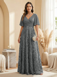 A Line V Neck Short Sleeve Chiffon Ruched Mother of the Bride Dresses with Sequin Embroidery