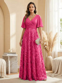 A Line V Neck Short Sleeve Chiffon Ruched Mother of the Bride Dresses with Sequin Embroidery