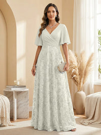 A Line V Neck Short Sleeve Chiffon Ruched Mother of the Bride Dresses with Sequin Embroidery