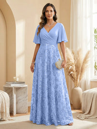 A Line V Neck Short Sleeve Chiffon Ruched Mother of the Bride Dresses with Sequin Embroidery