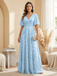 A Line V Neck Short Sleeve Chiffon Ruched Mother of the Bride Dresses with Sequin Embroidery