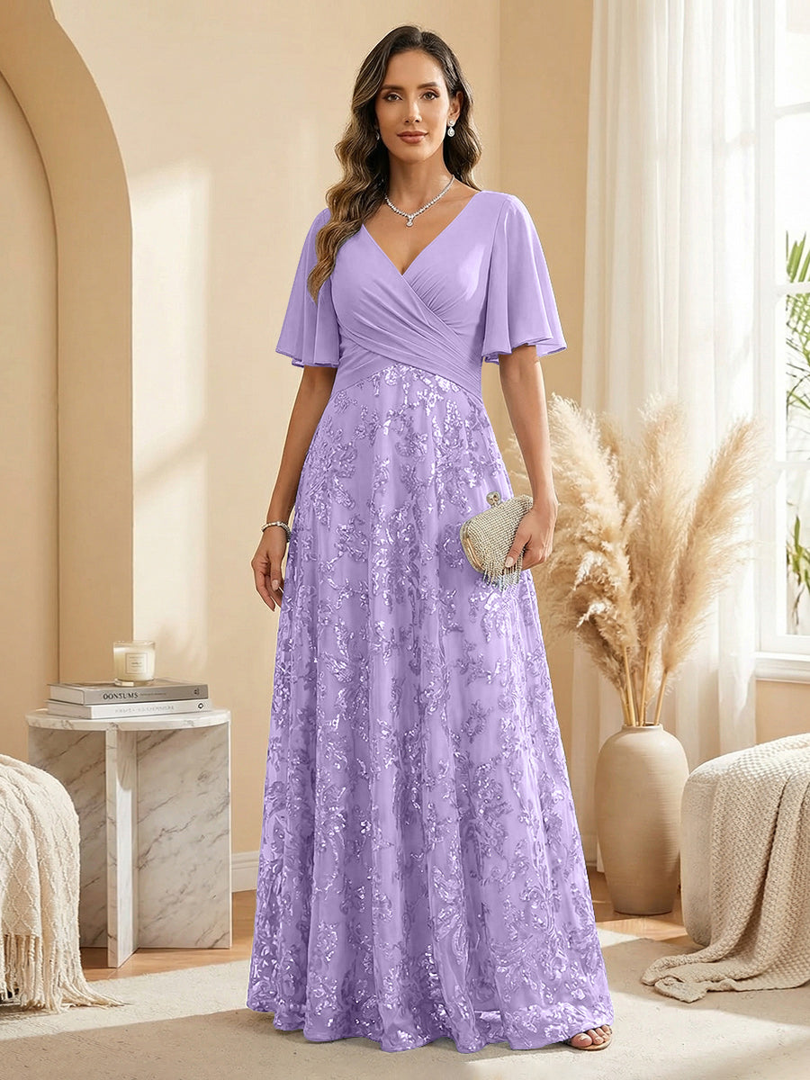 A Line V Neck Short Sleeve Chiffon Ruched Mother of the Bride Dresses with Sequin Embroidery