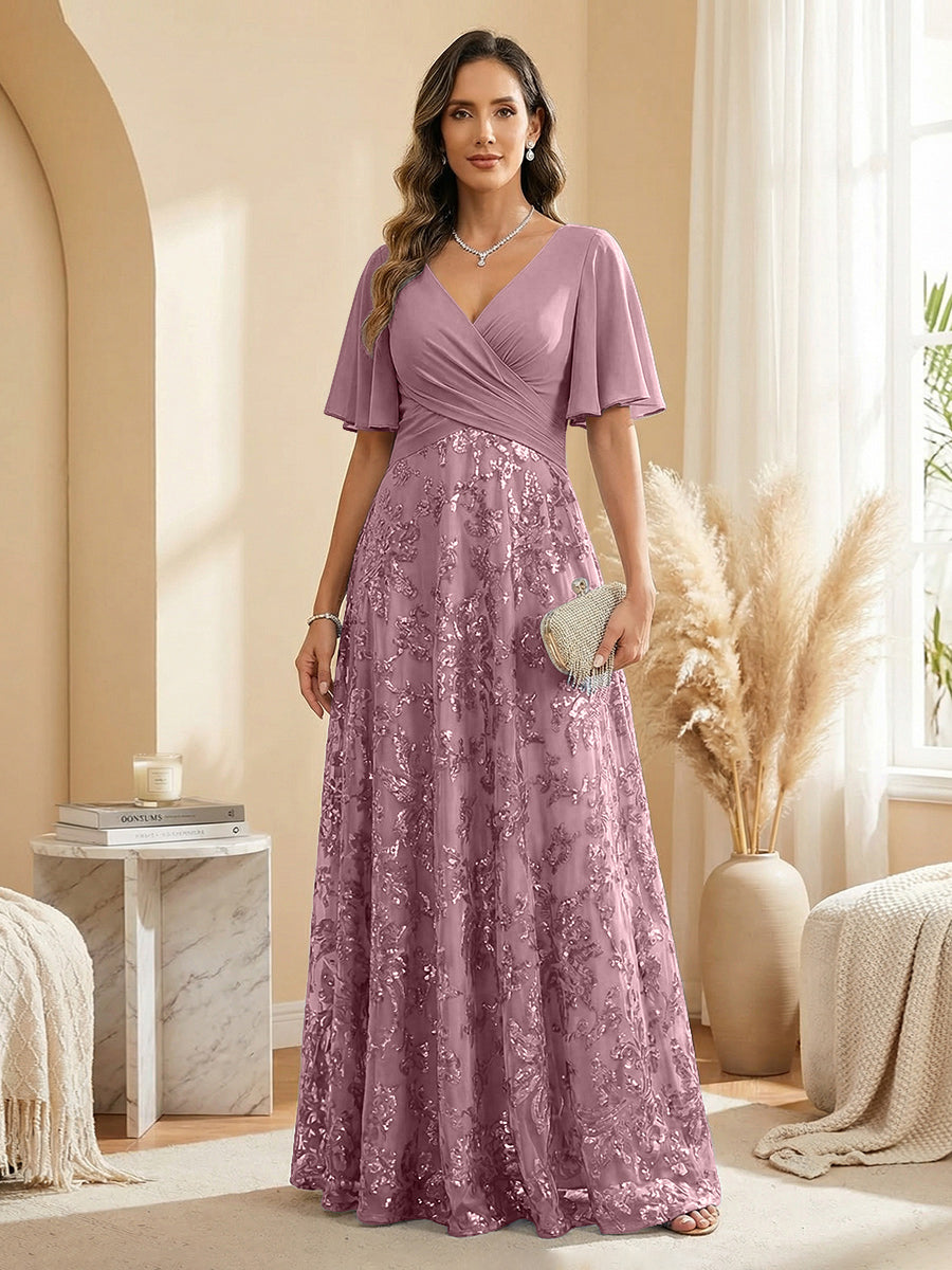 A Line V Neck Short Sleeve Chiffon Ruched Mother of the Bride Dresses with Sequin Embroidery
