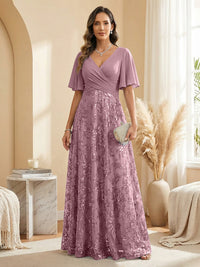 A Line V Neck Short Sleeve Chiffon Ruched Mother of the Bride Dresses with Sequin Embroidery