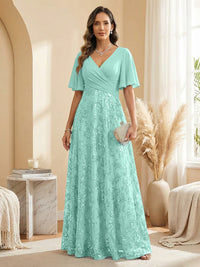 A Line V Neck Short Sleeve Chiffon Ruched Mother of the Bride Dresses with Sequin Embroidery