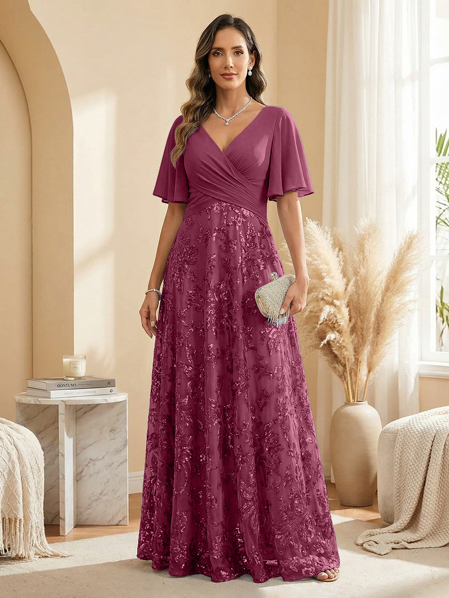 A Line V Neck Short Sleeve Chiffon Ruched Mother of the Bride Dresses with Sequin Embroidery