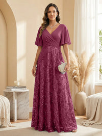 A Line V Neck Short Sleeve Chiffon Ruched Mother of the Bride Dresses with Sequin Embroidery
