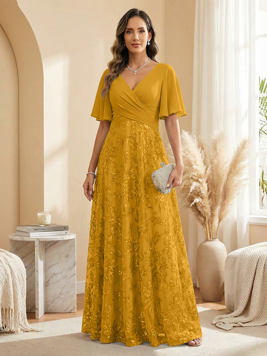 A Line V Neck Short Sleeve Chiffon Ruched Mother of the Bride Dresses with Sequin Embroidery