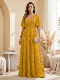 A Line V Neck Short Sleeve Chiffon Ruched Mother of the Bride Dresses with Sequin Embroidery